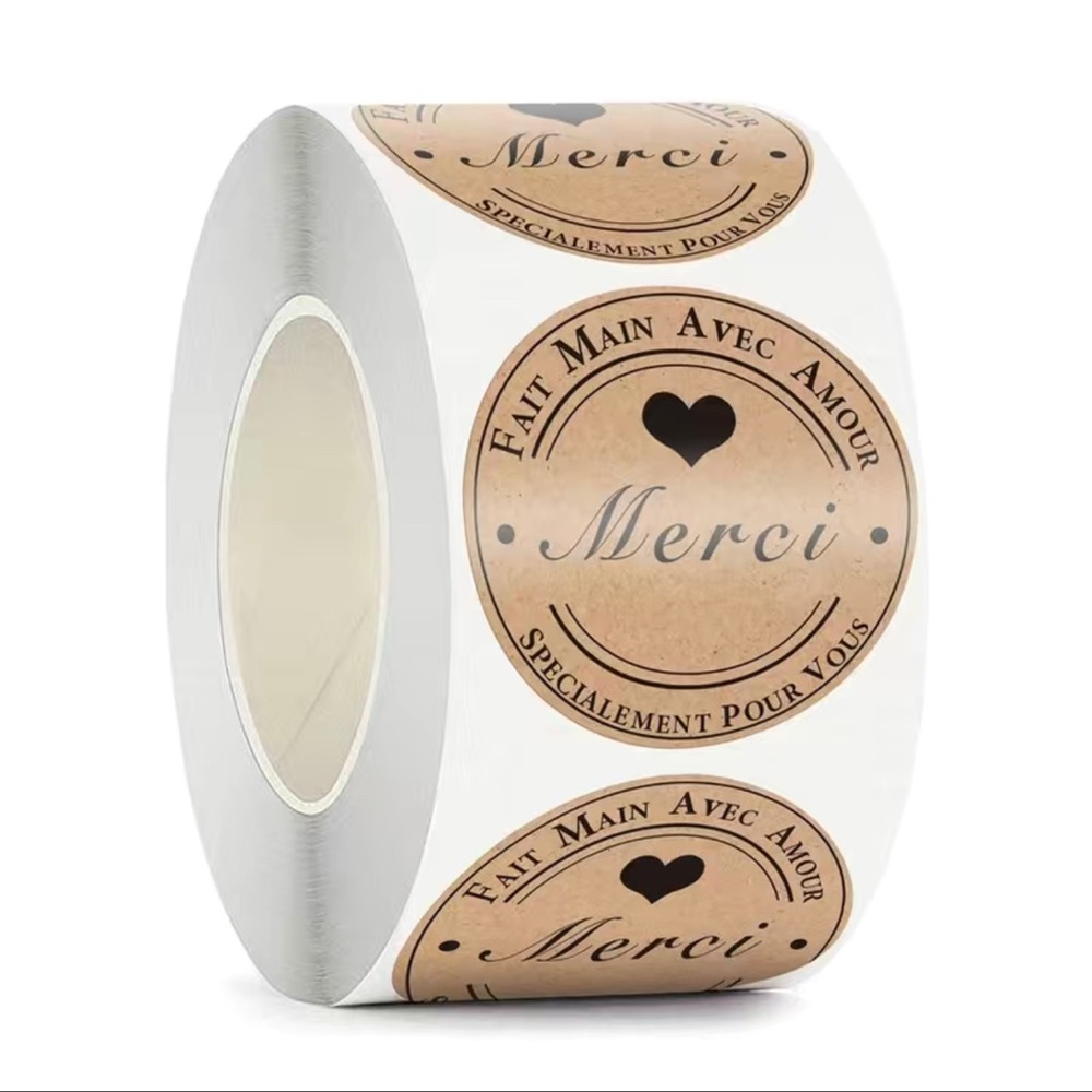 500 Stickers, Merci, Kraft, Roll, 1 Inch Round, PRICE IS FIRM